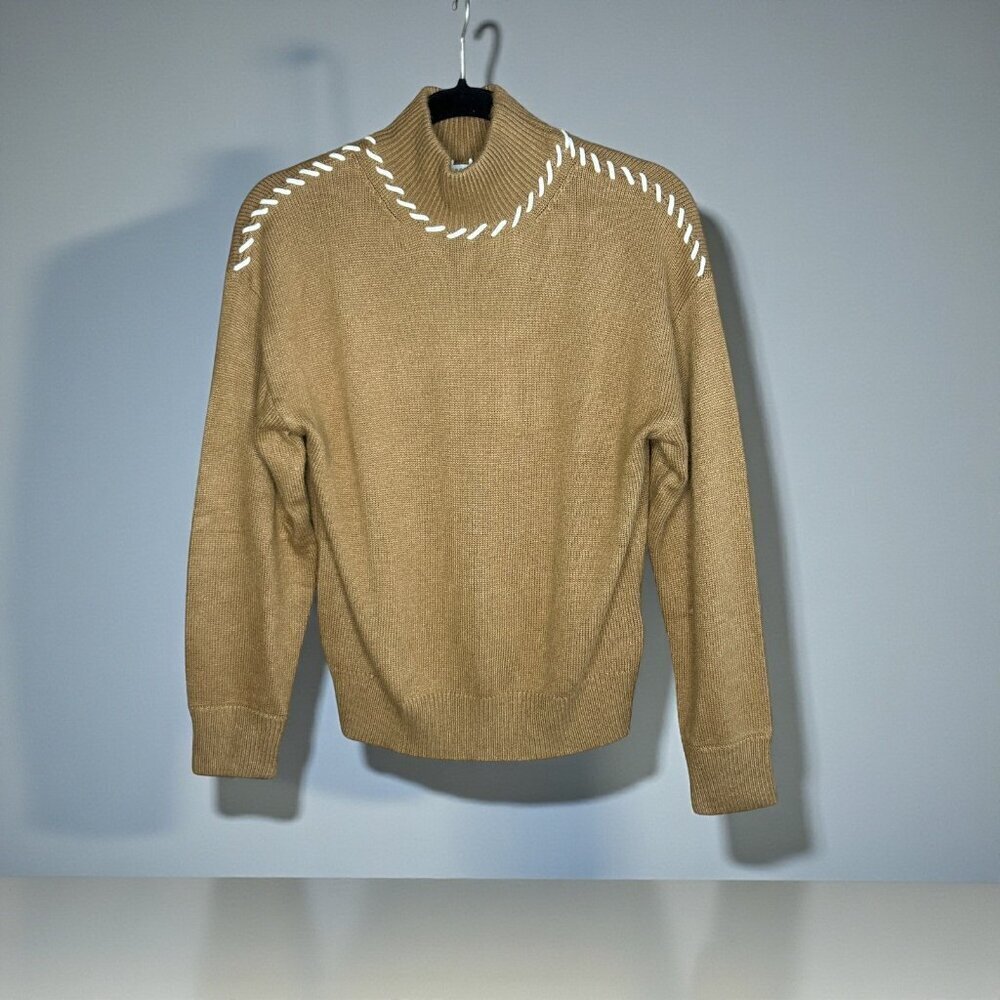 Crescent Sweater Camel Tan Whip Stitch Cashmere Wool Blend Mock Neck Size XS